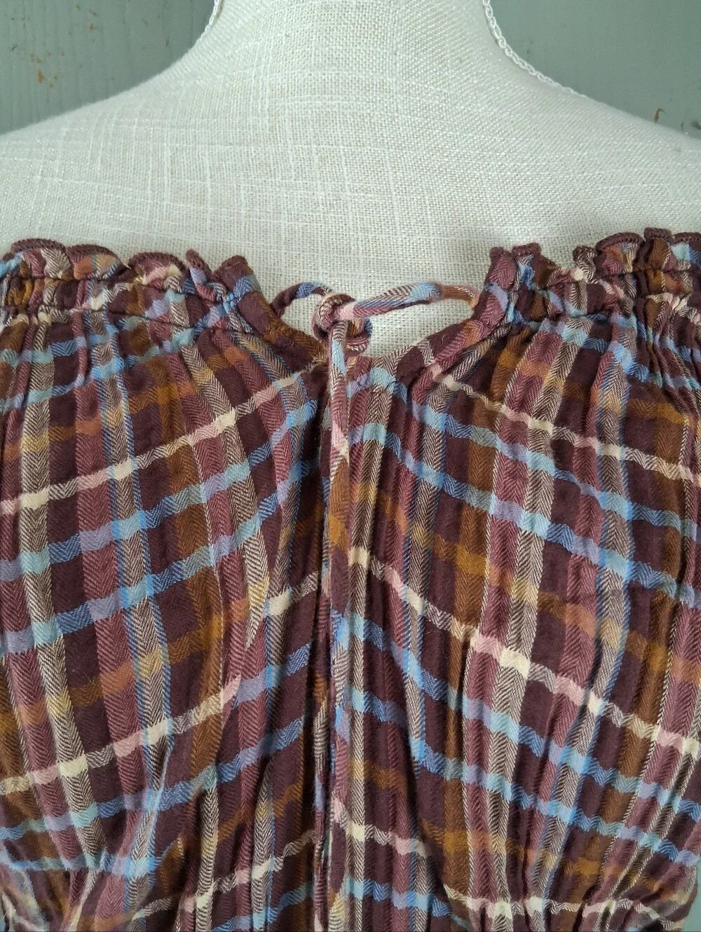 Off Shoulder Cottagecore Shirred Blouse L Brown Plaid Milk Maid Stretch Country